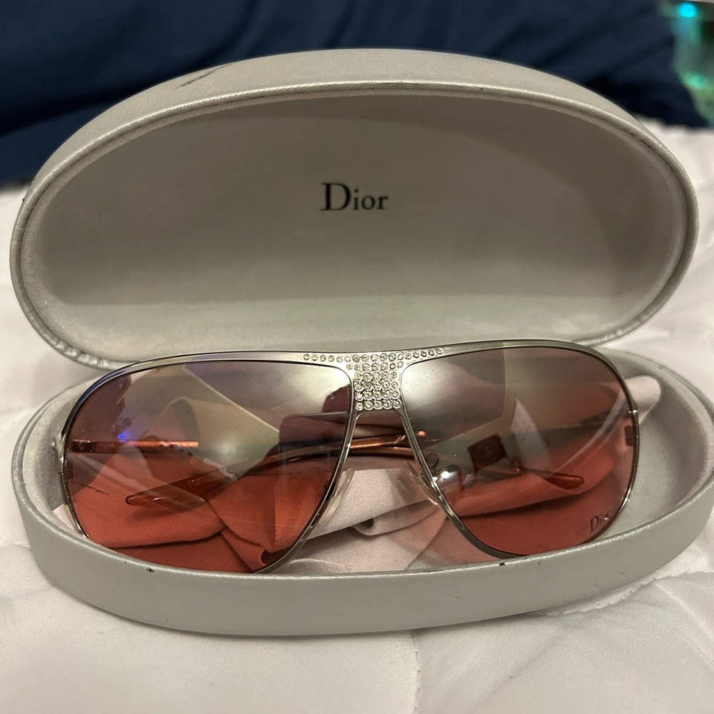 Christian Dior Diamond Rose Pink Lens Aviators Silver with case